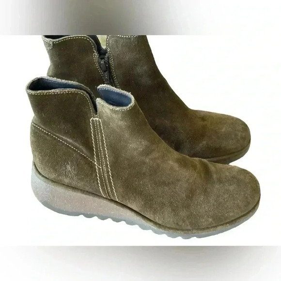 Fly London Green Nilo Sludge Suede Wedge Booties Size 41 - Picture 10 of 15